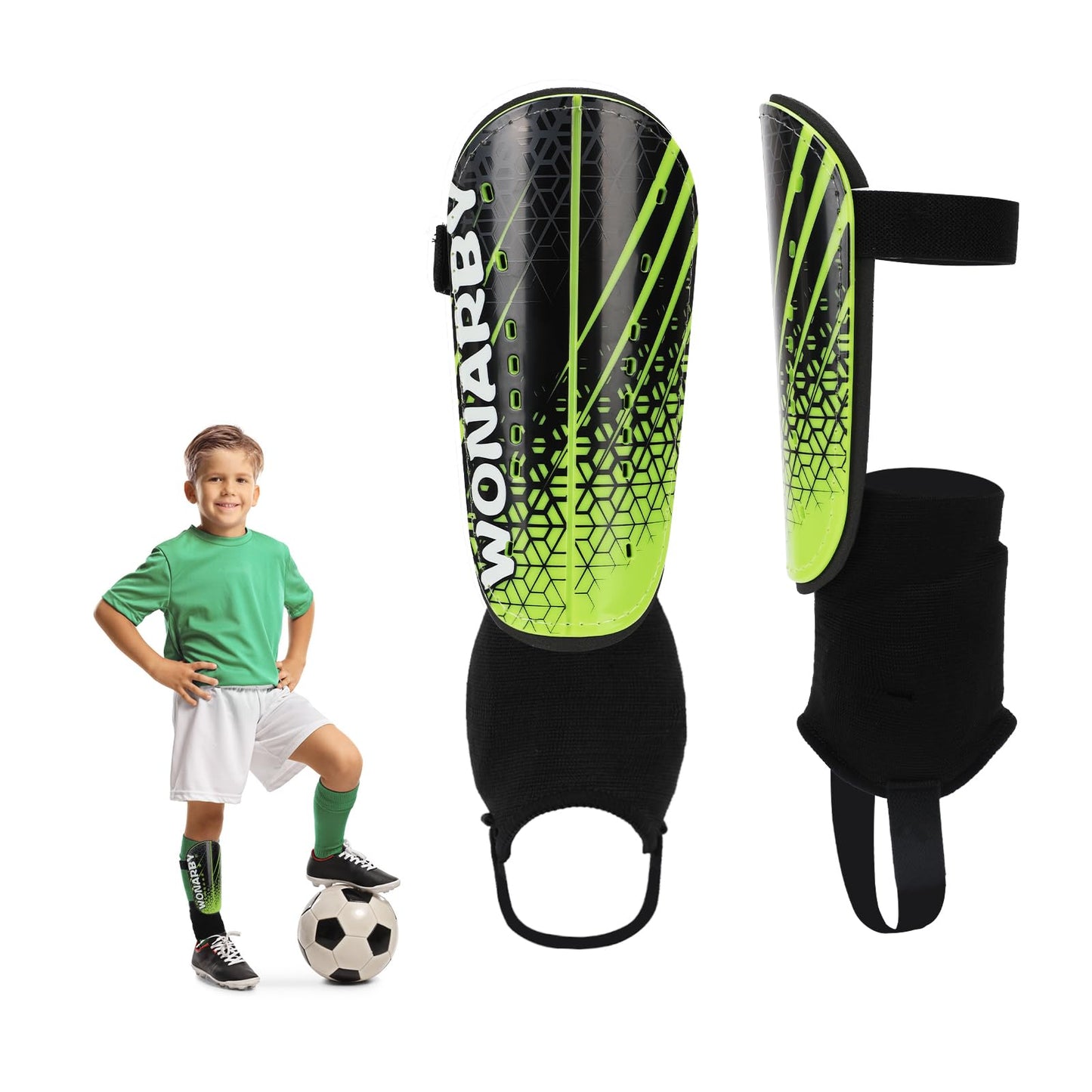 Shin guards for kids football ankle protection men - Soccer gear with adjustable velcro strap - Lightweight durable non-slip for boys girls ages 2 to 18 - Green XS