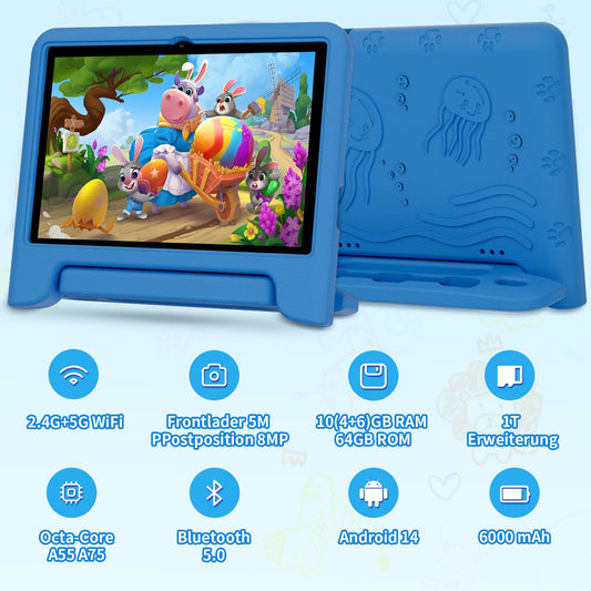JIKOCXN Kids Tablet 10 Inch, Octa Core Android 10 Tablet for Kids, 10GB RAM+64GB ROM, 1280x800 LCD Touchscreens, 6000mAh, WiFi 5, BT5.0, Dual Camera, GPS (Blue)