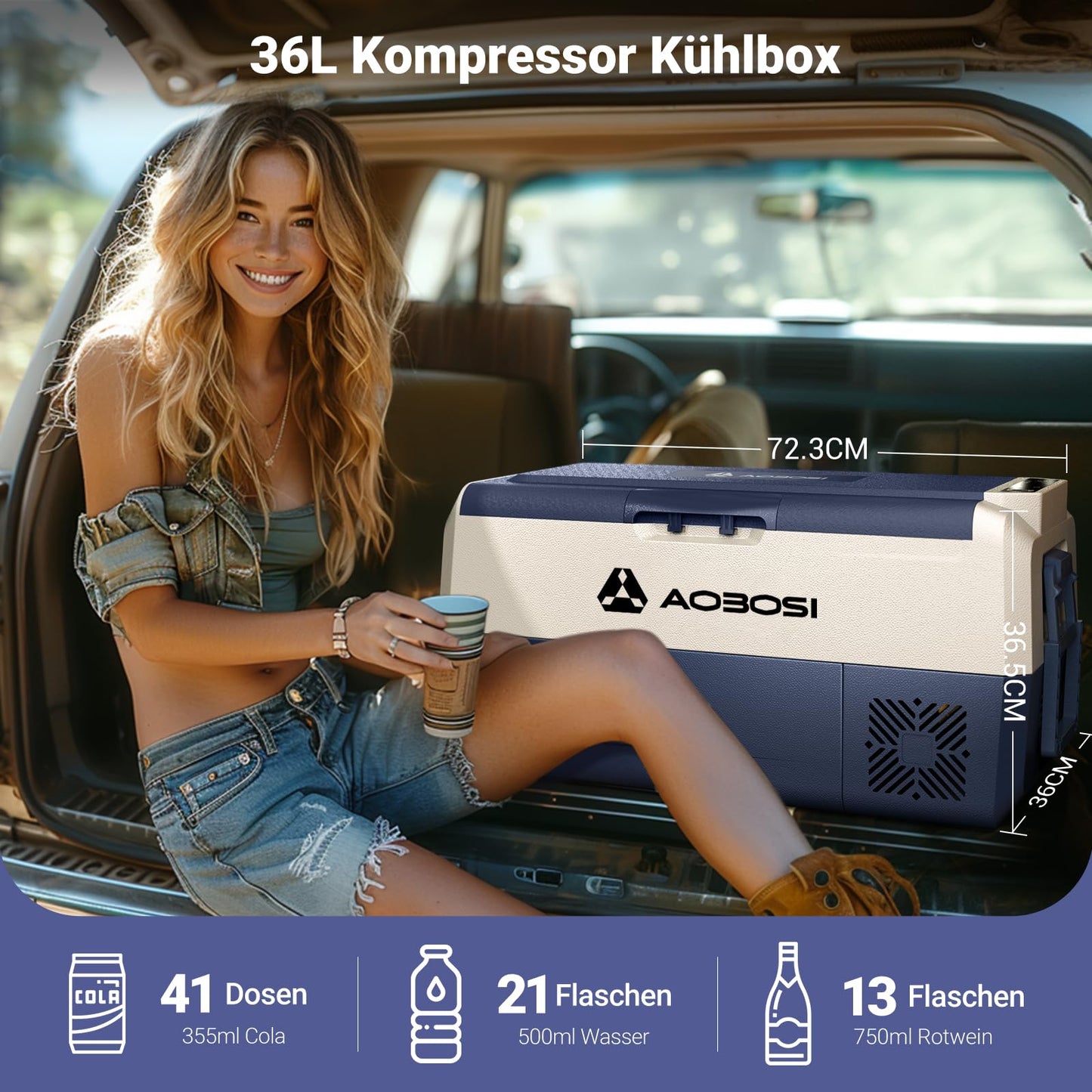 AAOBOSI Compressor Cool Box 36L, Car Fridge 12/24V and 100-240V Electric Cool Box, -20°C to 20°C compressor cool box for car, truck, boat, RV, camping, travel.