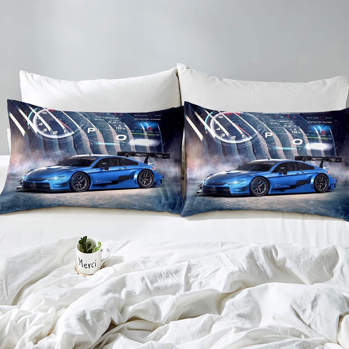Race car duvet cover sets for twin beds, boys' speed sports automobile bedding set includes comforter cover and 1 pillowcase, perfect for manly bedroom decor in blue and gray.