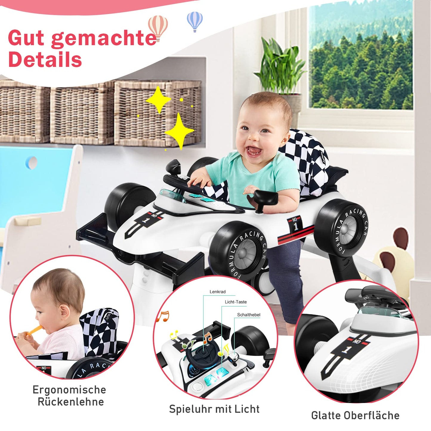 COSTWAY 4 in 1 Baby Walker, foldable with adjustable height & speed. Features music box, lights, and wheels. Suitable for babies from 6 months old, can hold up to 12kg. Color: White.