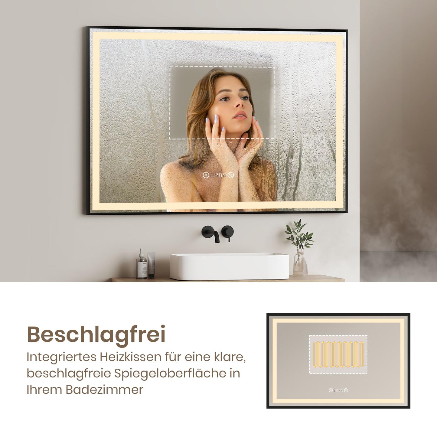 EMKE LED bathroom mirror 120x70cm, black with touch controls, dimmable, anti-fog, clock, memory function, and neutral light 4300K. Energy-saving wall mirror IP44.