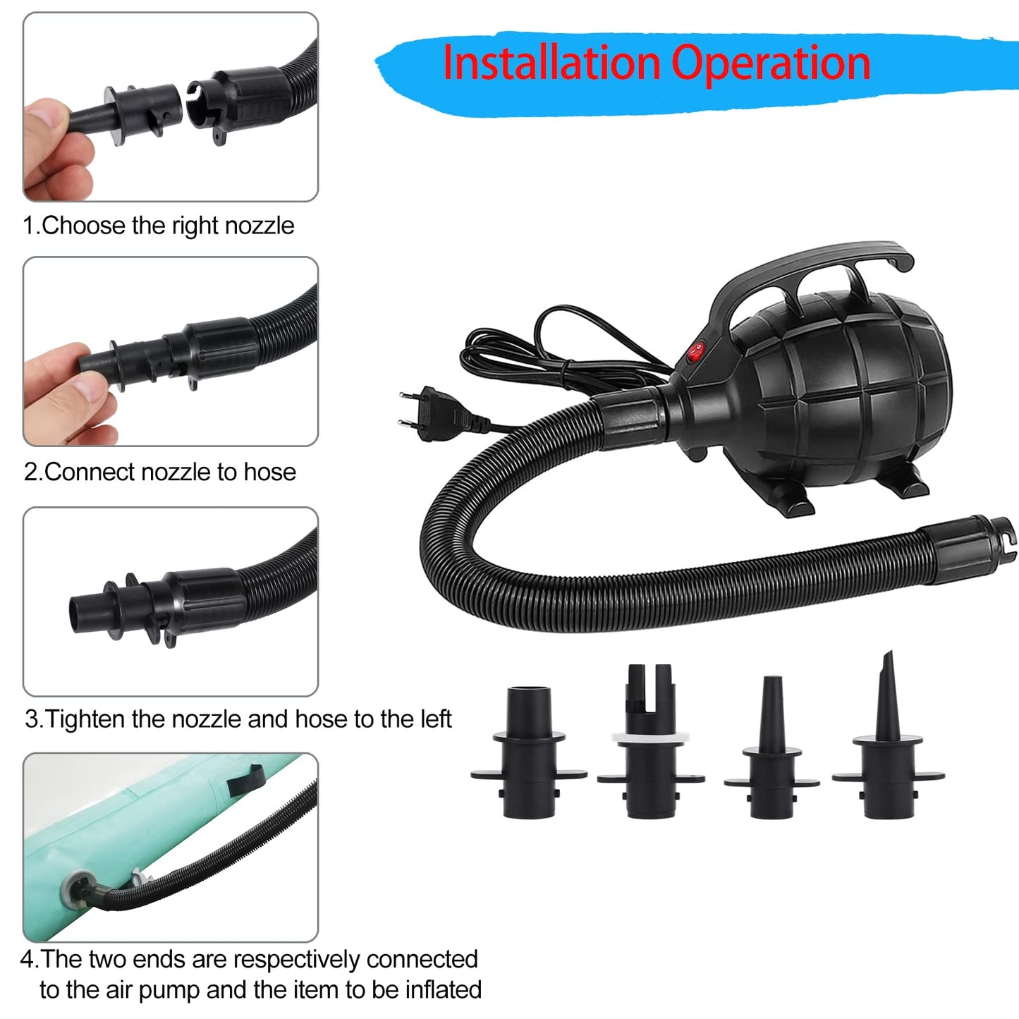 PPXIA Electric Air Pump, Electric Pump with 4 Nozzles for Inflatable Air Track Mat, Air Mattress, Swim Rings, Rafts, Water Beds, Boats, Kids Pools, SUP Boards, Yoga Balls, etc.