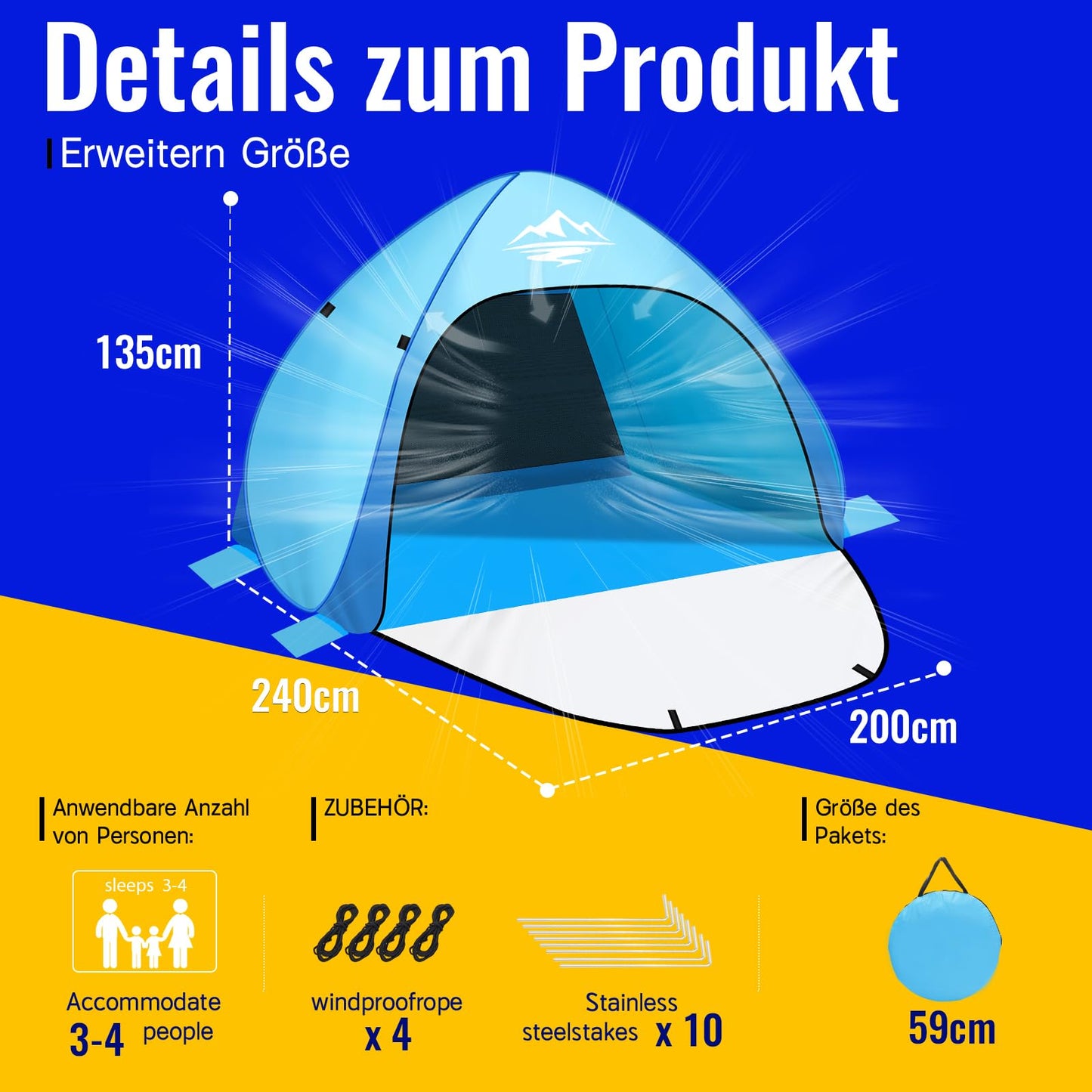 Purebox Beach Shelter Pop Up 3-4 Person Models, Pop Up Beach Shelter with UV Protection, UPF 50+ Beach Tent, Automatic Portable Beach Tent Pop Up Tent for Family Camping Garden Beach 240x200x135cm