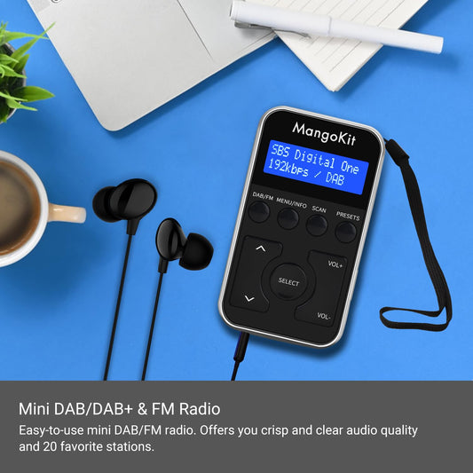 MangoKit MP1 Small Portable Mini DAB/DAB+/FM Radio, Digital Pocket Radio with Headphones, Rechargeable Battery for Sports, Running, Walking, Jogging, or Cycling - Black