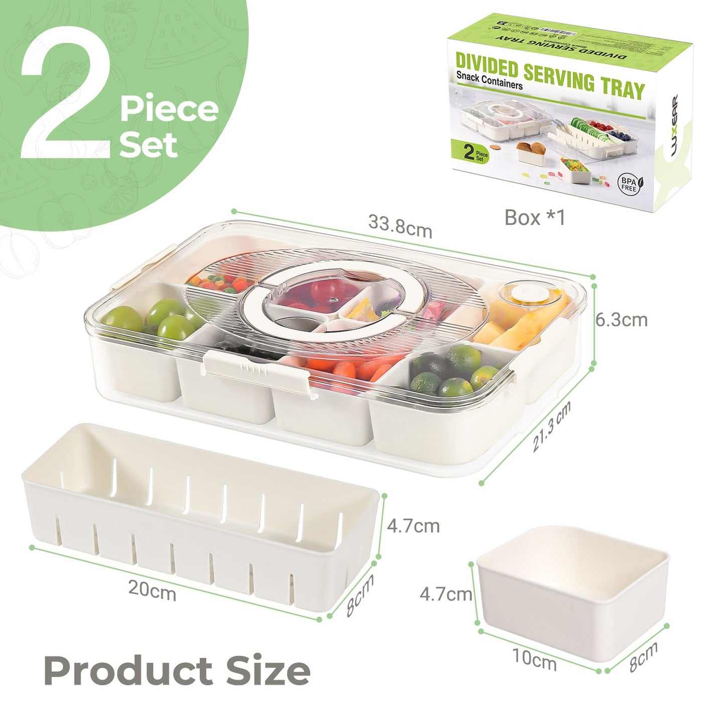 Luxear snackbox with 14 compartments, 2 sets of snack plates with lid and handle, reusable snack bowl for kids, snack container organizer for snacks, nuts, fruits, spices, for parties, picnics, dishwasher safe.