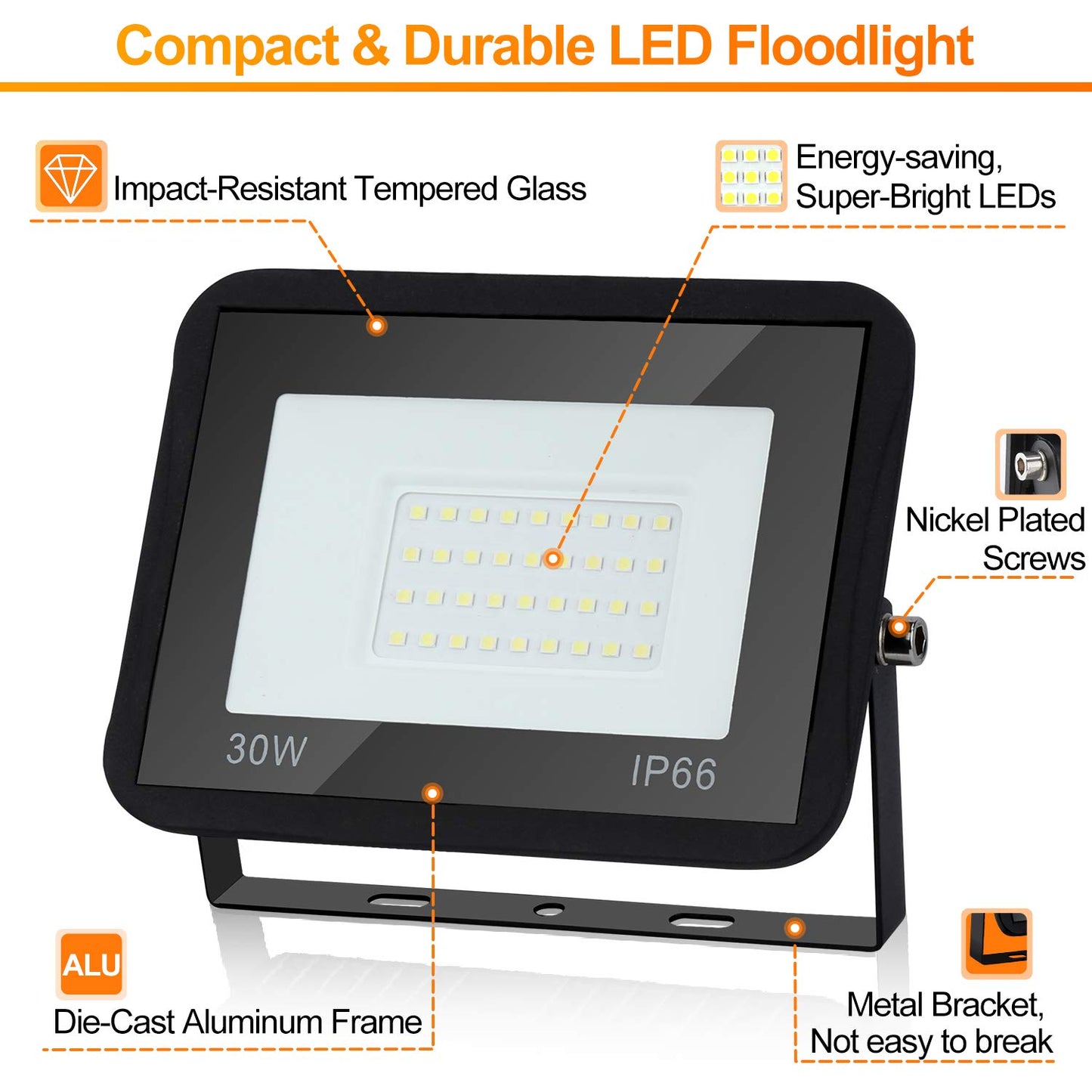 Tubiaz LED Floodlight Outdoor, 30W Floodlight Spotlight Waterproof IP66, Spotlight 230V, Super Bright Outdoor Floodlight 2550LM 6000K Cool White Lighting Outdoor Lamp (No Plug)