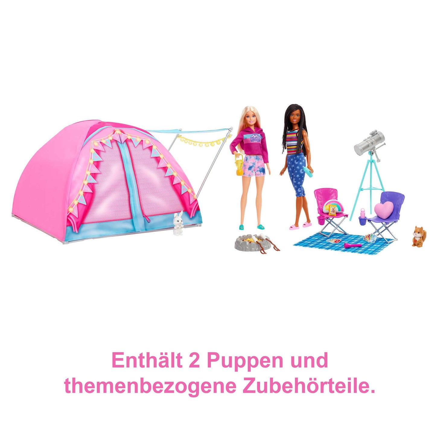 Barbie Adventure Camping Playset with tent, 2 Barbie dolls, camping accessories, and animals. Gift for kids ages 3 and up.