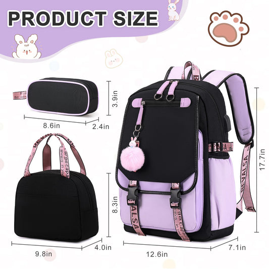 Bevalsa school backpack for girls teenager with school bags set, leisure backpack large 20L waterproof school bag backpack casual daypacks for kids women (purple)