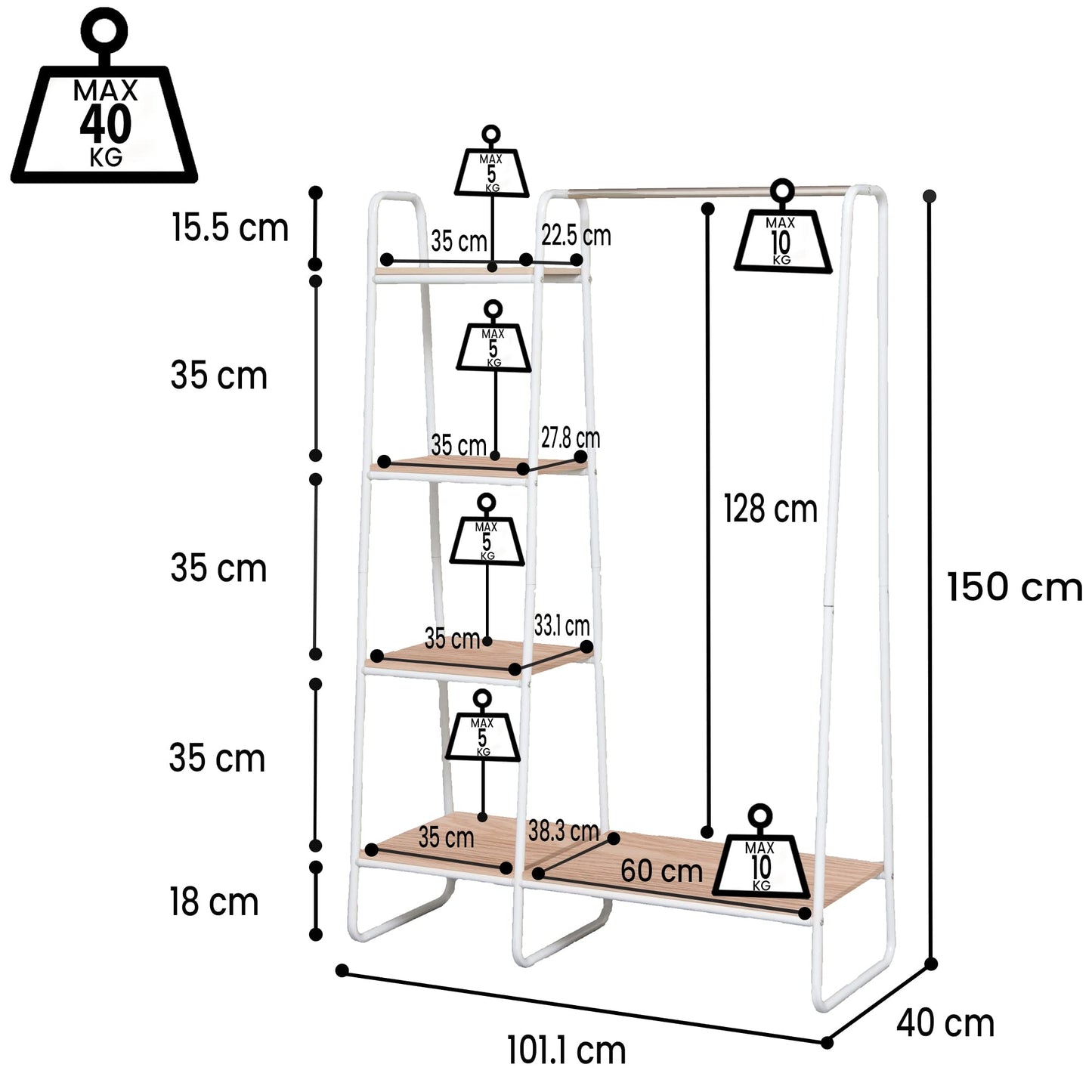 Iris Ohyama clothes rack with wooden shelves, 4 levels, White, Modern design, Sturdy frame, non-slip, For bedroom, studio, wardrobe, clothes & shoes, laundry rack, Easy assembly, PI-B3