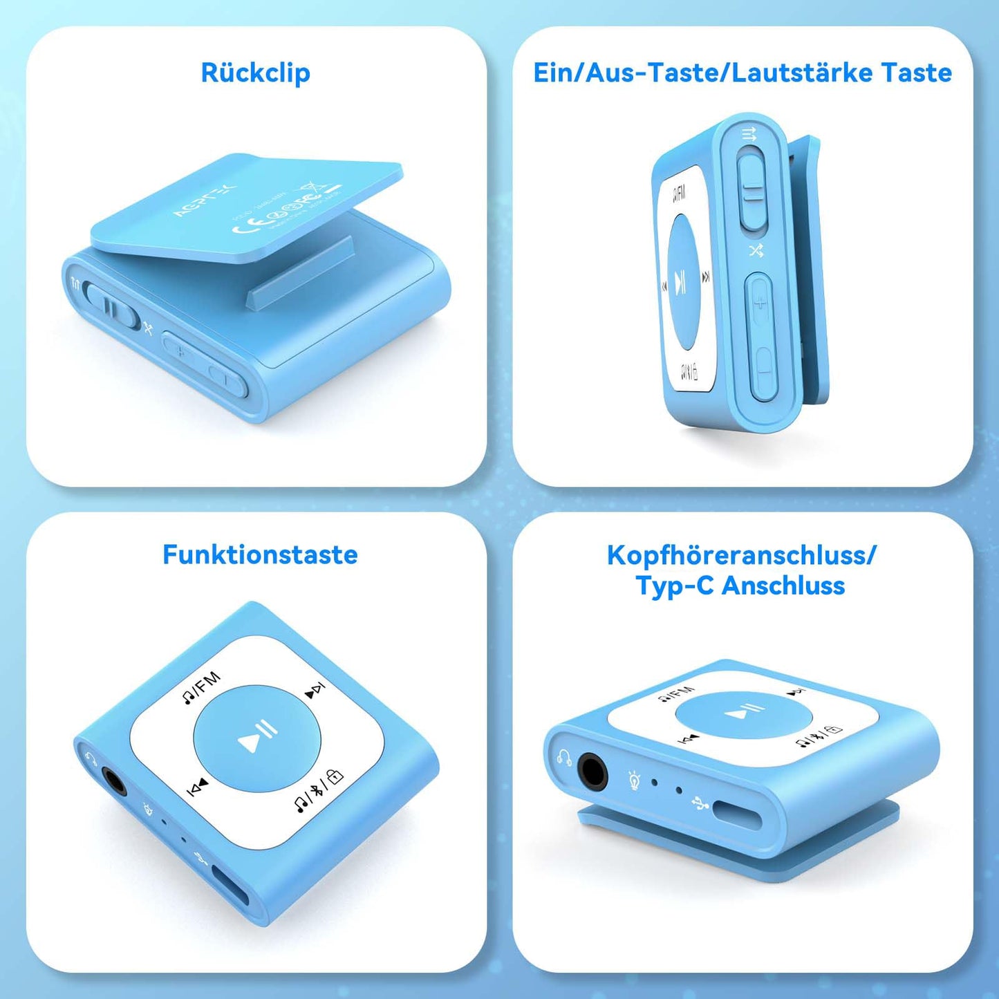 AGPTEK 64GB Clip MP3 Player with Bluetooth, Mini Portable Music Player with FM Radio, Shuffle, no phone needed for Sports, Blue