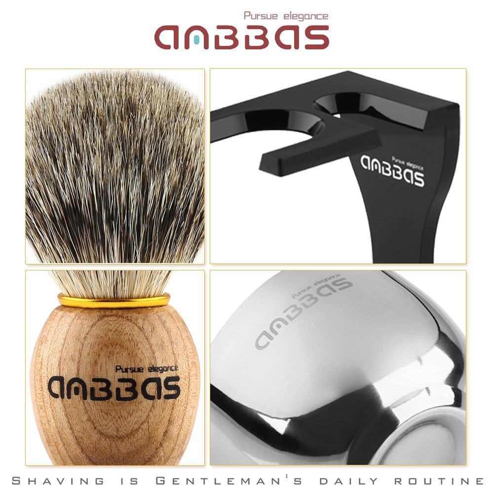 Anbbas men's gift set includes a pure badger hair shaving brush, badger shaving soap, and an acrylic shaving stand with bowl.