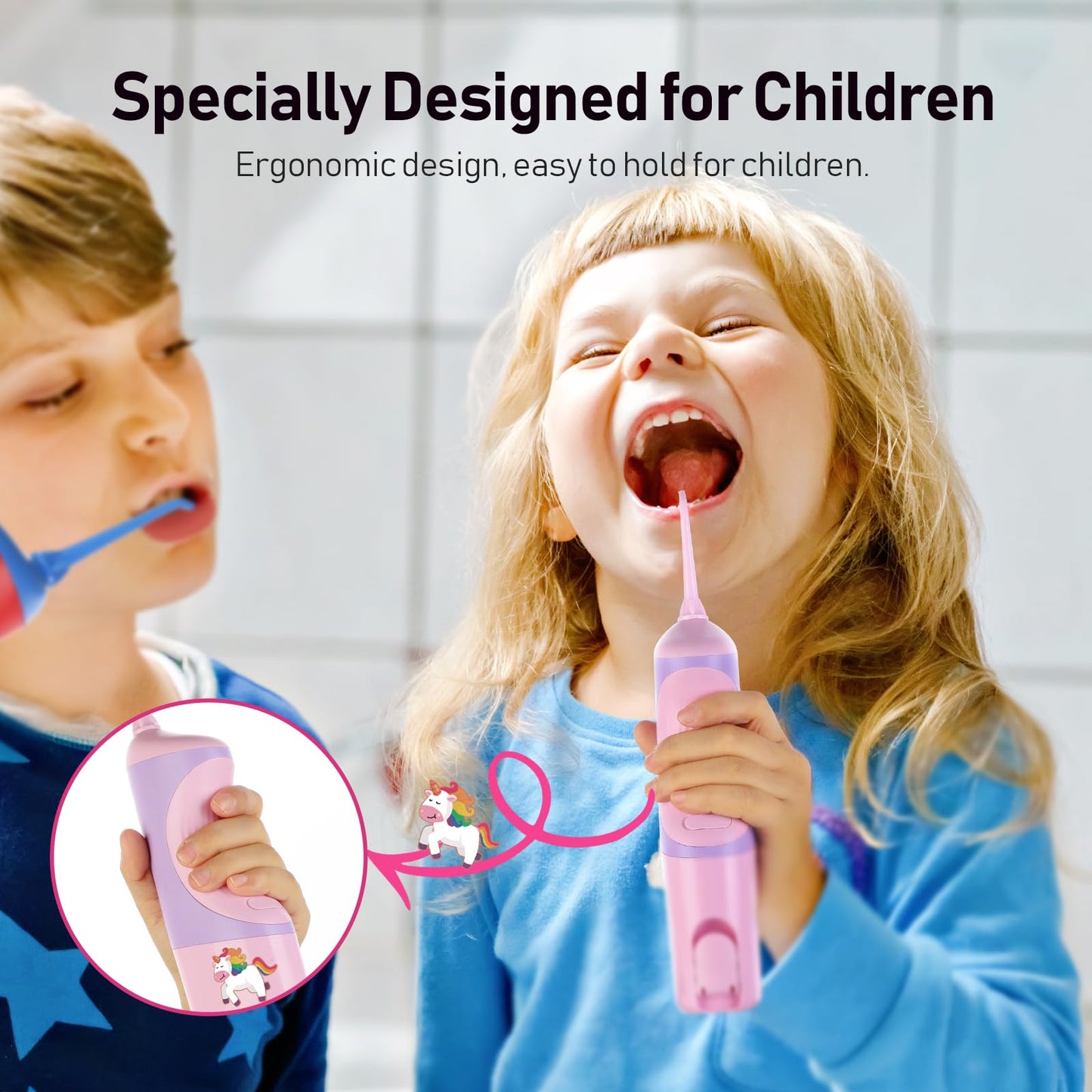 COSLUS Kids Water Flosser, Portable Oral Irrigator, Deep Cleaning Toothpick, 4 Modes for Ages 6+, Waterproof, Rechargeable, with 4 Jet Tips for braces care.