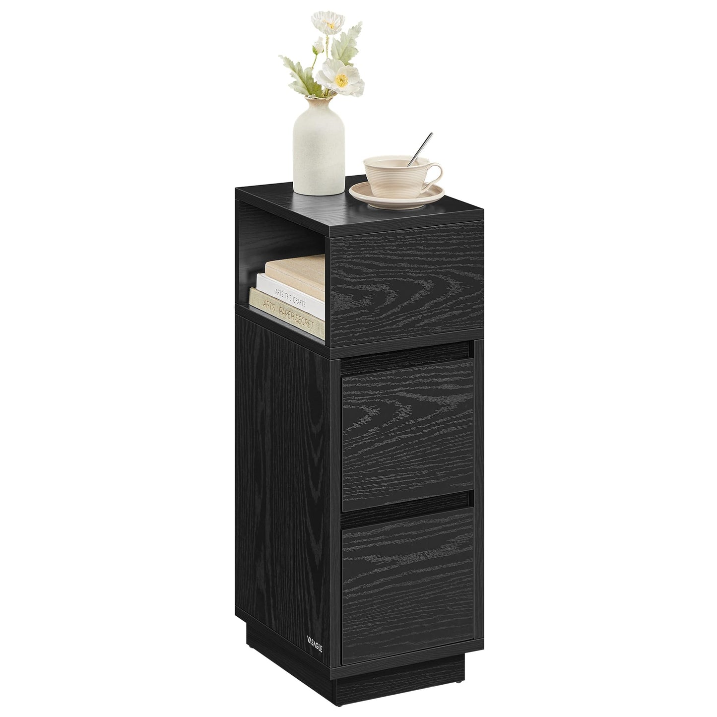 VASAGLE nightstand, narrow, side table with 2 drawers, open compartment can be mounted on the left or right flexibly, for bedroom, living room, ebony black LET656B56