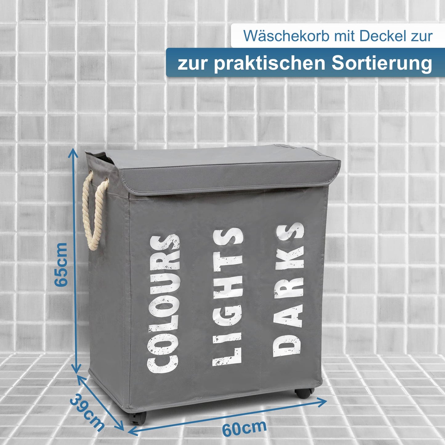 household plus osoltus laundry basket - laundry sorter with lid & wheels - bathroom organizer - laundry hamper - laundry chest - bathroom laundry sorting system - gray