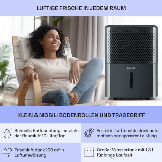 Klarstein Electric Dehumidifier & Air Purifier, 10L Small Room Dehumidifier for Apartment Bedroom Bathroom Basement, Efficient Bathroom/Room Dehumidifier, Electric & Small Air Dehumidifier.