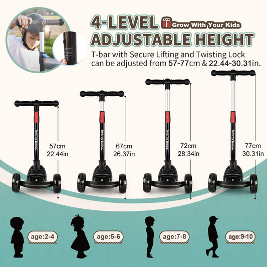 Besrey Kids Scooter, the safe tricycle scooter with PU LED light-up wheels, foldable adjustable height, lightweight with weight capacity up to 50 kg, suitable for toddler boys and girls.