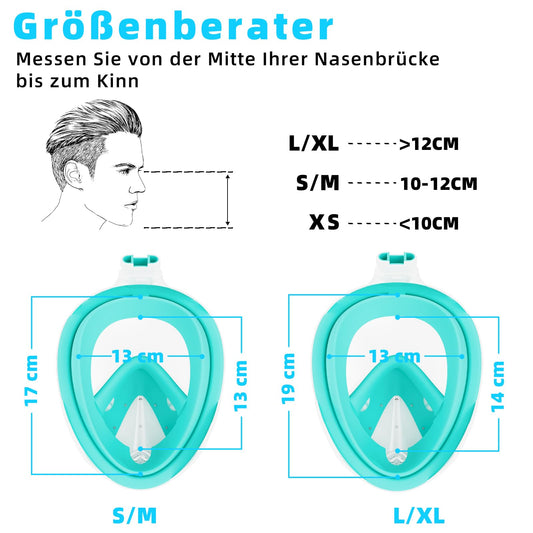 Adult Snorkel Mask Full Face, 180° Full Face Diving Mask / CO2 Safety, Anti-Fog and Anti-Leak Technology with Adjustable Head Straps, Compatible with Sports Cameras (Green, L/X)
