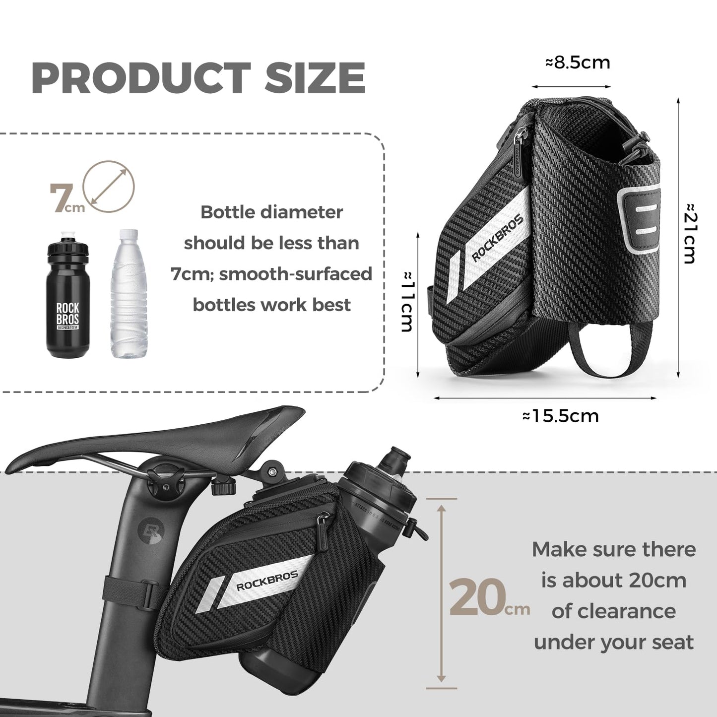 ROCKBROS bike saddle bag with bottle holder, reflective, suitable for MTB, road bike, folding bike. Black, approx. 1L capacity.