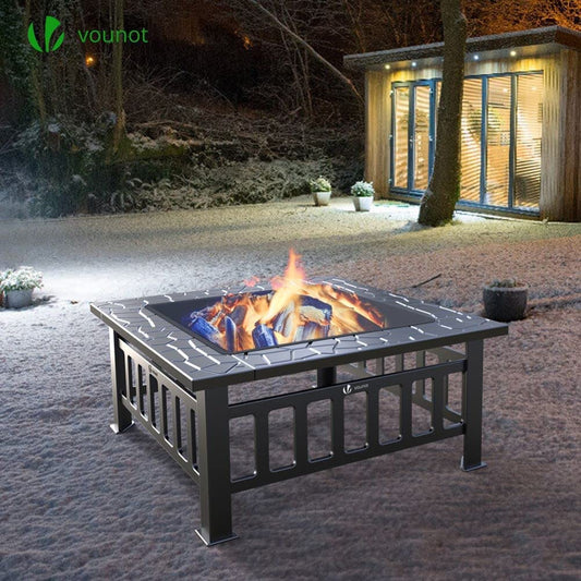 VOUNOT Fire Pit with Spark Guard, Fire Bowl Fire Basket for Garden Patio Heating, with Waterproof Cover, 81x81x45cm