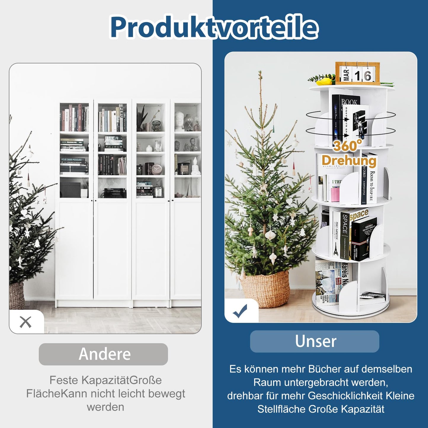 YGYQZ Rotary Bookshelf for Home with High-Density Tall Bookcase. Modern 360° Rotating Storage Display Rack with Baffle for Bedroom, Living Room, Study, or Office. White, 4 Tier Floor Standing Shelves.