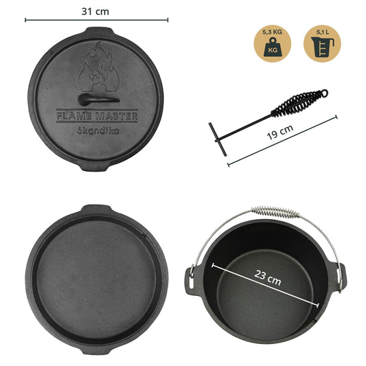 Skandika Dutch Oven Flame Master 5.1 L | Cast iron pot for cooking, includes recipe book by the Sauerländer BBCrew, pre-seasoned, without feet, lid lifter, carrying bag | Fire pot for grilling, camping