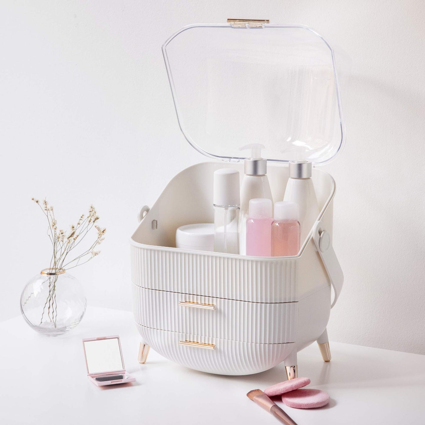 Navaris Makeup Organizer - storage for cosmetics - organizational system with 2 drawers - portable storage box for bathroom or vanity - White