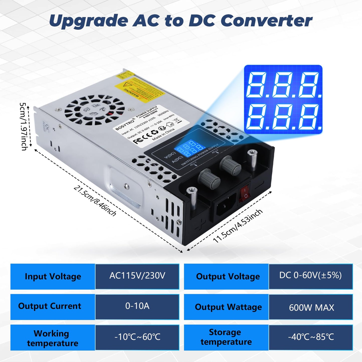BOSYTRO Adjustable Power Supply 0-60V 0-10A 600W Switching Power Supply Transformer Power Supply Transformer 230v to 60v Power Supply SMPS for LED Strips, CCTV, 3D Printer, Radio, Camera, Laboratory Power Supply