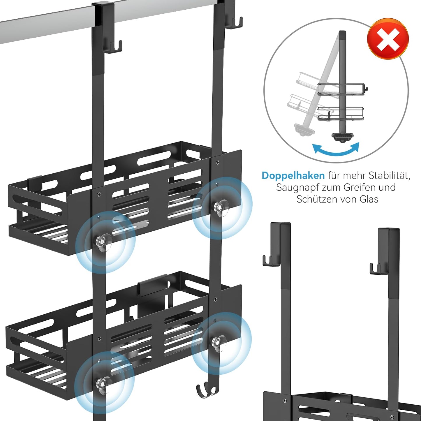 Reading tour shower shelf without drilling in black, hanging shower shelf for glass shower doors with 2 shower baskets, 4 fixed hooks, 1 glass wiper hook, and 2 movable hooks included.