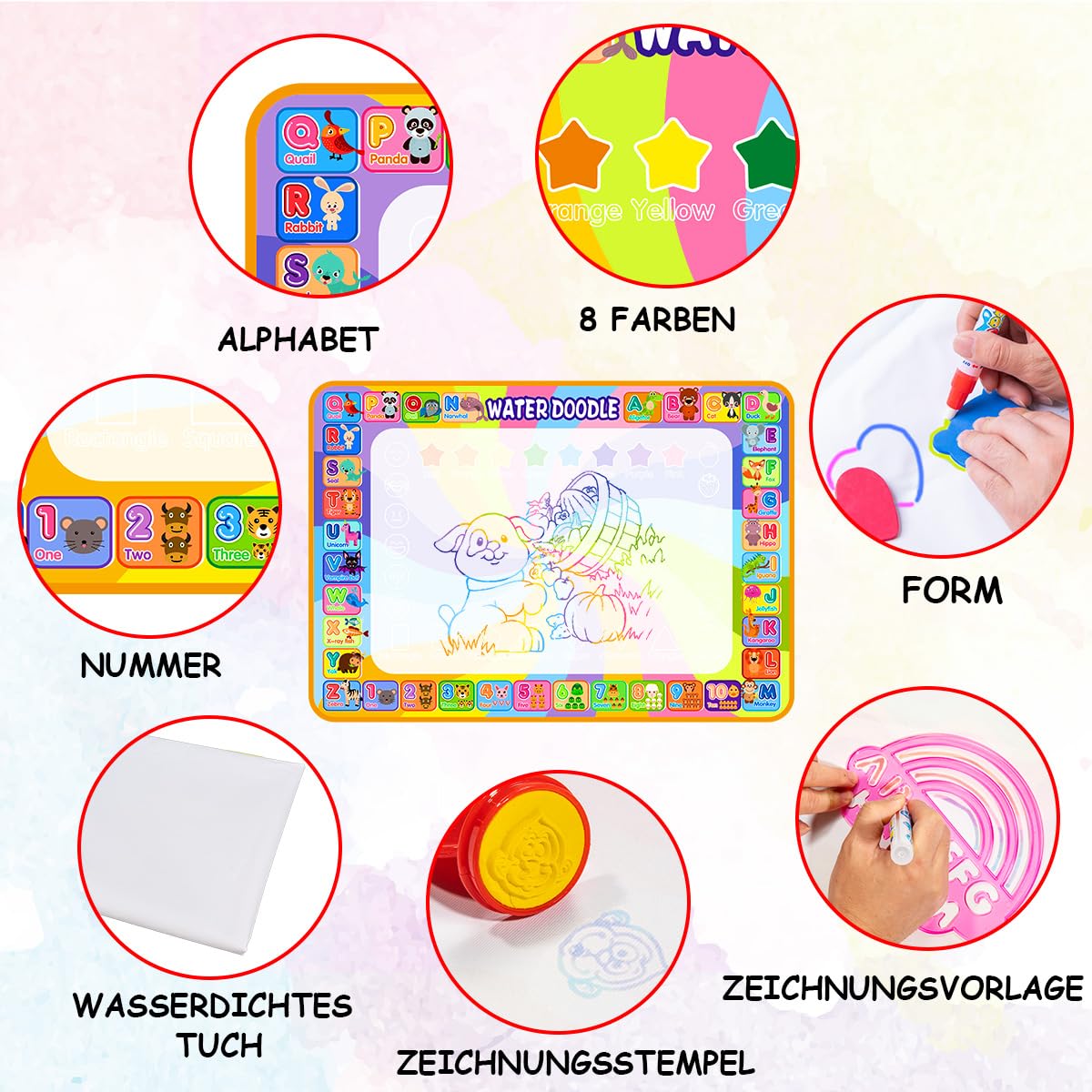 Aqua Magic Doodle Mat - Water Drawing Mat 100 * 70cm Kids, Large Magic Drawing Mat with Water Book, 4 Magic Pens, 8 Stamp Set Toy for 2 3 4 5 Year Old Girls Boys Gift