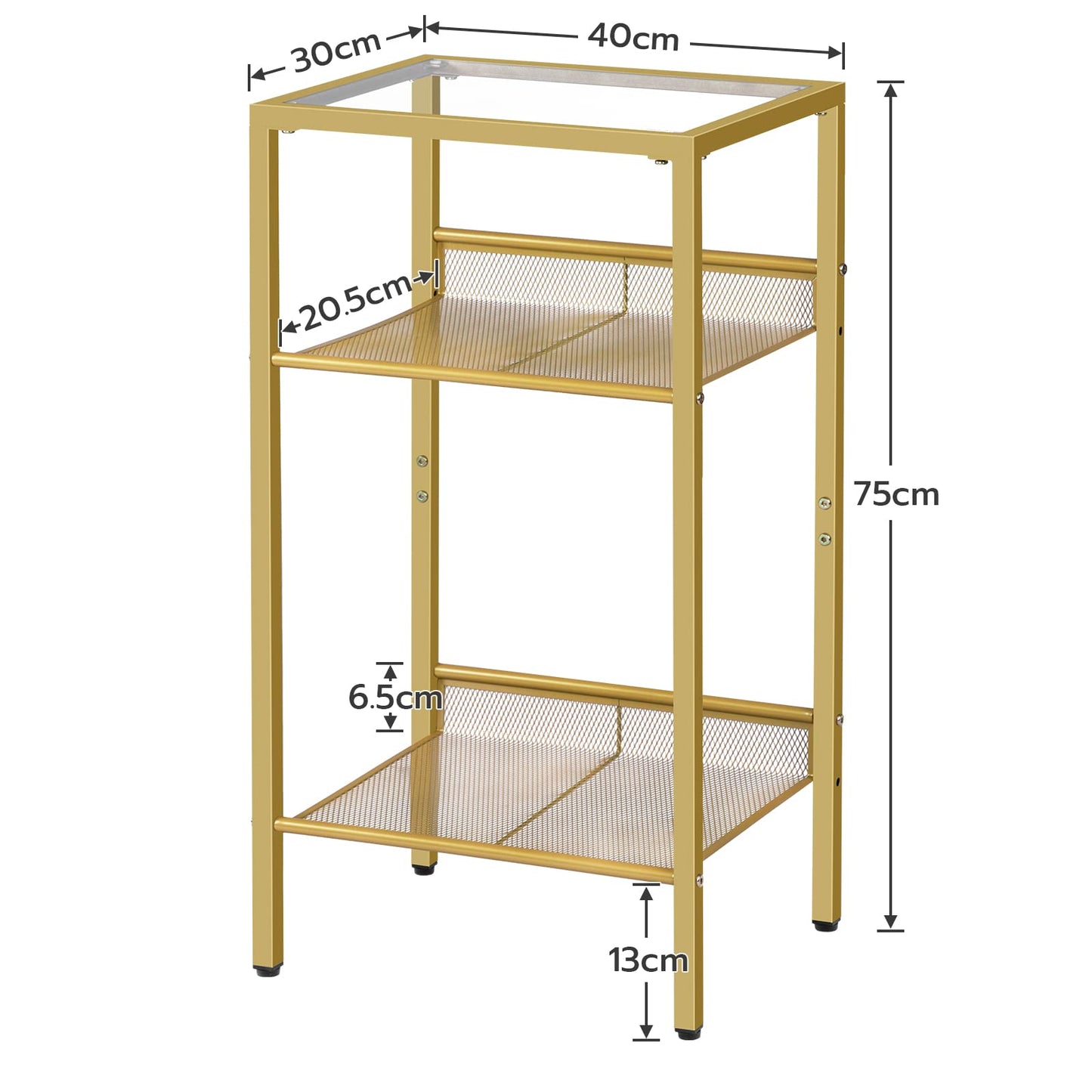 HOOBRO Side Table Gold, Telephone Table, 3-Tier Nightstand with Tempered Glass Top and Grid, Coffee Table for Living Room, Bedroom, Gold Color EGD04DH01
