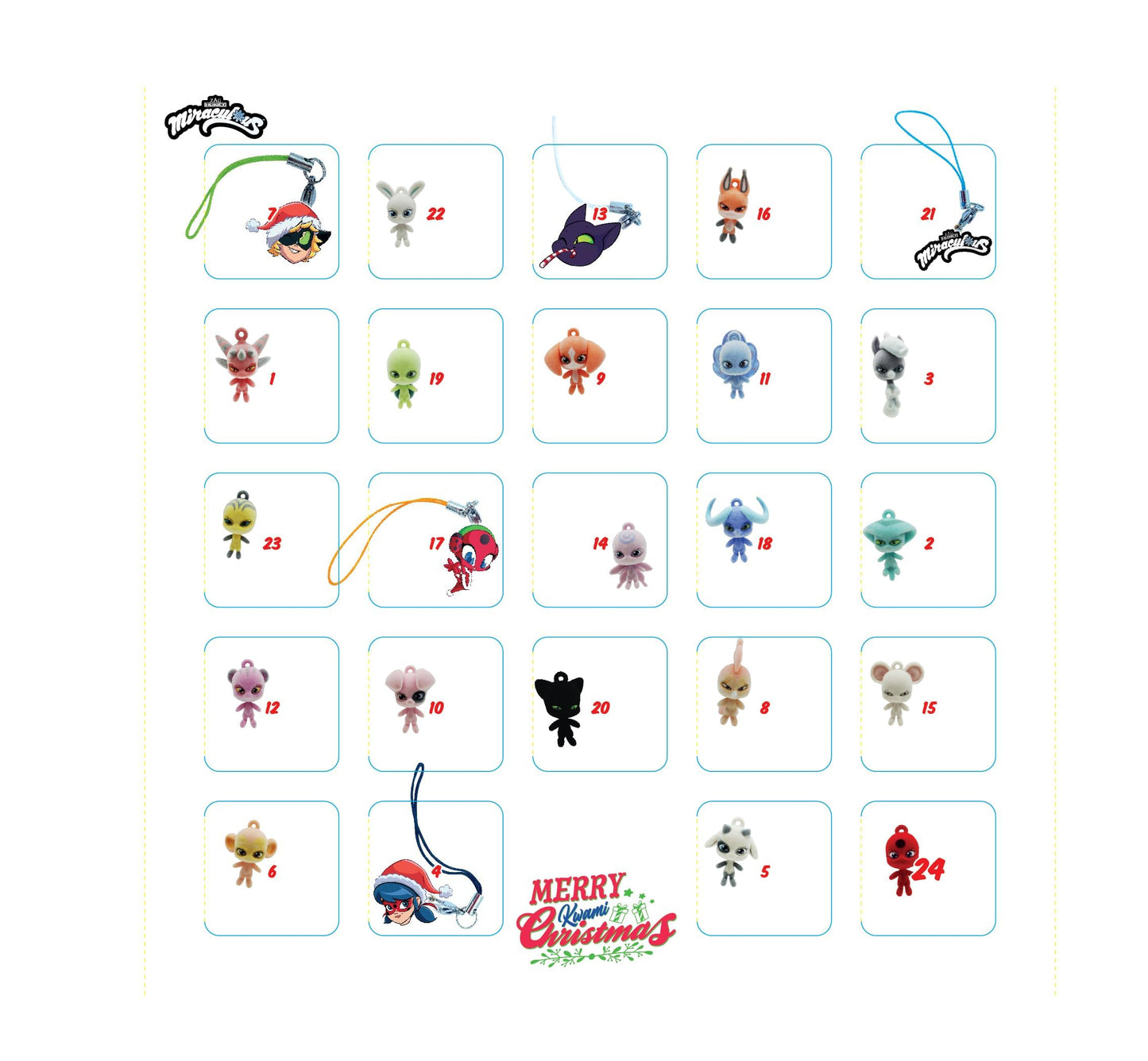 Miraculous Ladybug - Ultimate Kwami Advent Calendar with mini flocked Kwamis and EVA charms, seasonal charms, a collectible for kids for Christmas with hooks and strings (Wyncor), blue.