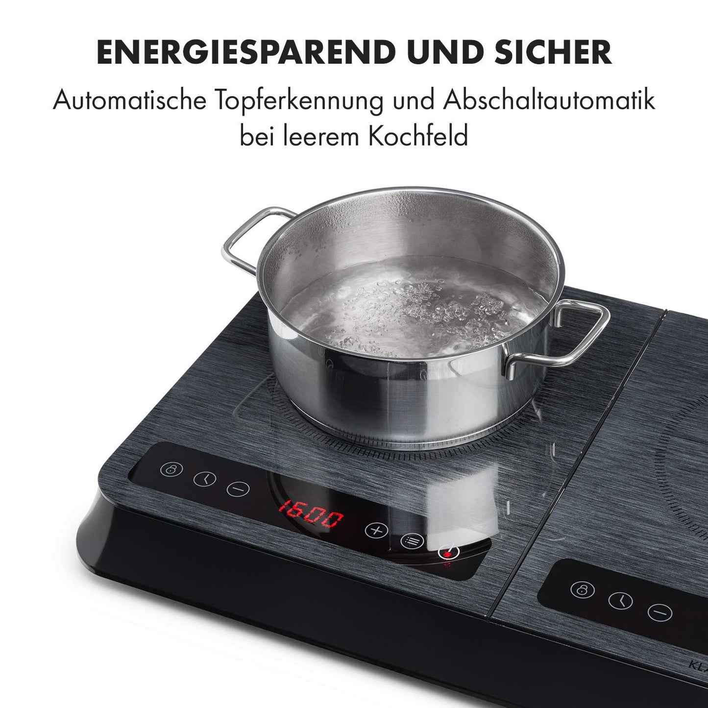 Klarstein InnoChef - Double induction hob, portable hob, 3400 W, touch control, pot sensor, shutdown timer, 10 levels, overheating protection, child lock, ceramic glass, black/grey mottled