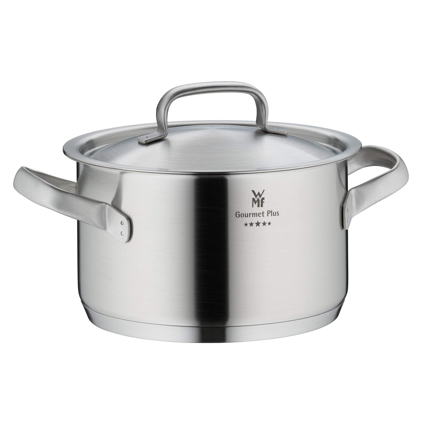WMF Gourmet Plus 5-piece Induction Pot Set, includes metal lids, made of Cromargan stainless steel, non-coated induction pots with inner scaling.