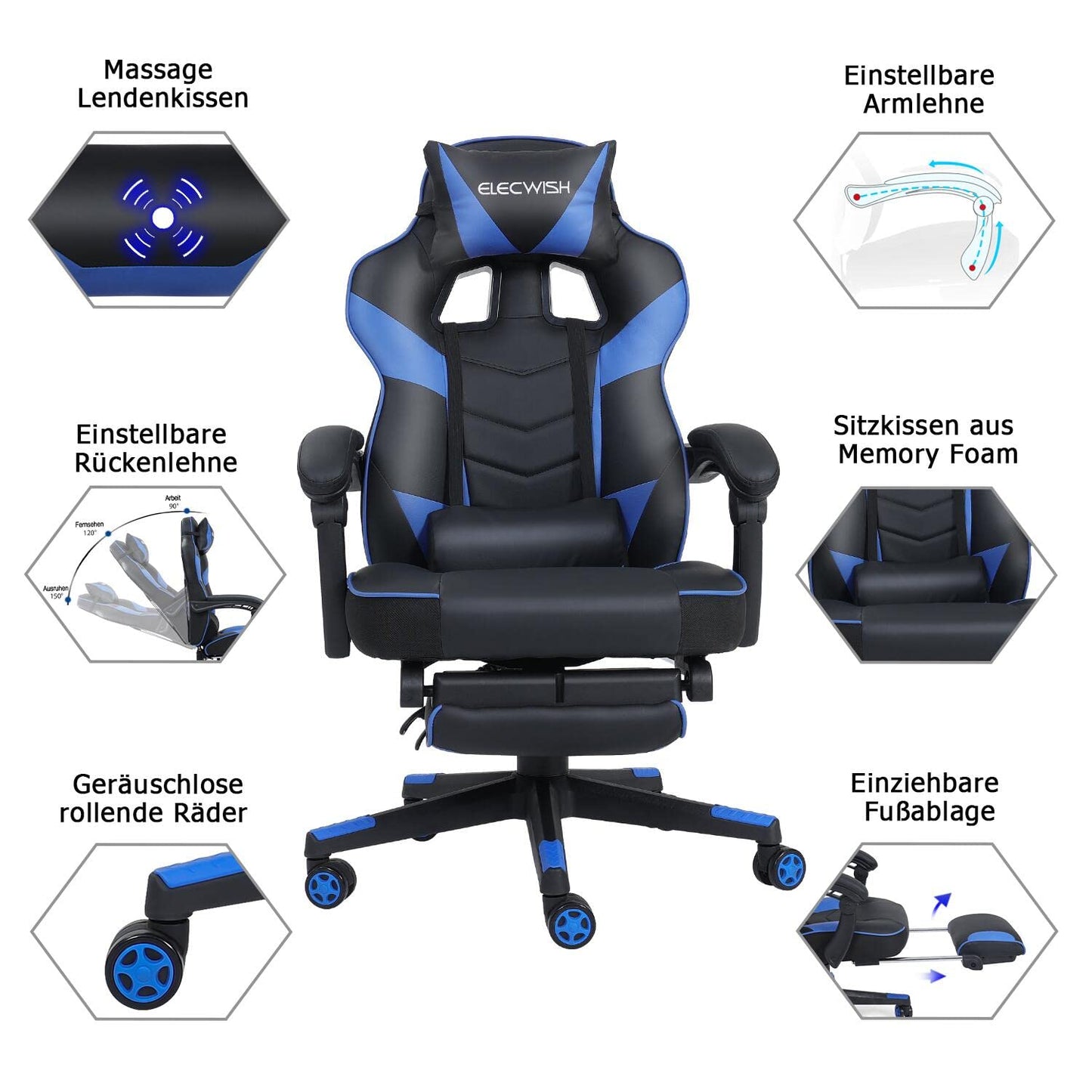 Puluomis Gaming Chair with Footrest, Racing Style, PC Chair, Swivel High-Back, Adjustable 90-150° Recline, Detachable Headrest, Lumbar Pillow, Ergonomic Design, Blue.