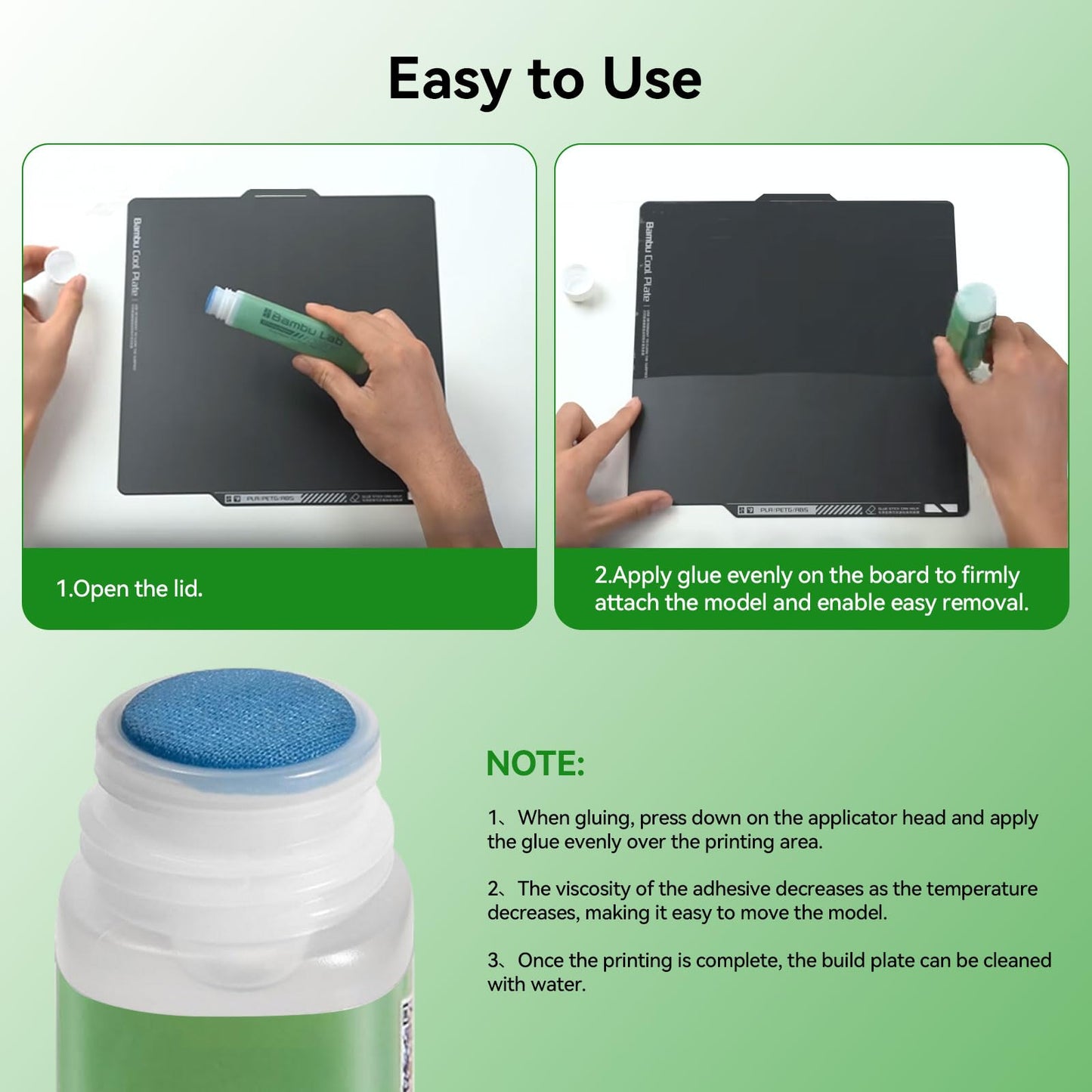 3D printer build plate adhesive compatible with Bambulab A1/A1 Mini/P1/X1 3D printers. Strong adhesive for heatbed PEI steel plate. Adheres PLA/ABS/PETG/PC/PA/TPU filaments. 60ML.