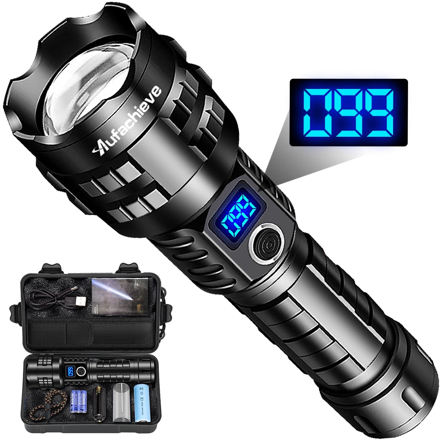 LED flashlight 15000 lumens, battery operated USB rechargeable, XHP70.2 LED flashlight extremely bright, tactical with holster, waterproof 5 light modes flashlights
