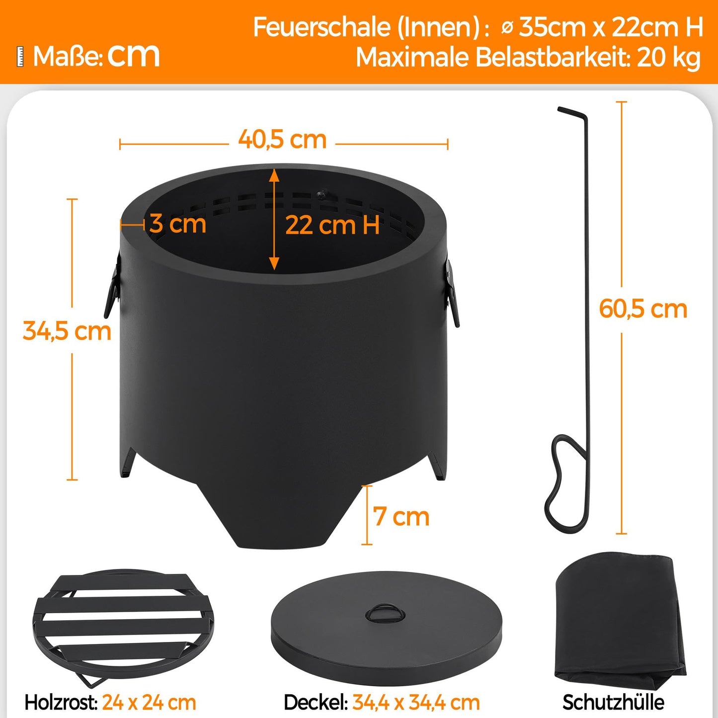 Yaheetech Smokeless Fire Pit Φ 40.5 cm Fire Pit Outdoor Fireplace Including Poker & Heat Resistant Mat & Cover & Lid for Garden Patio Camping