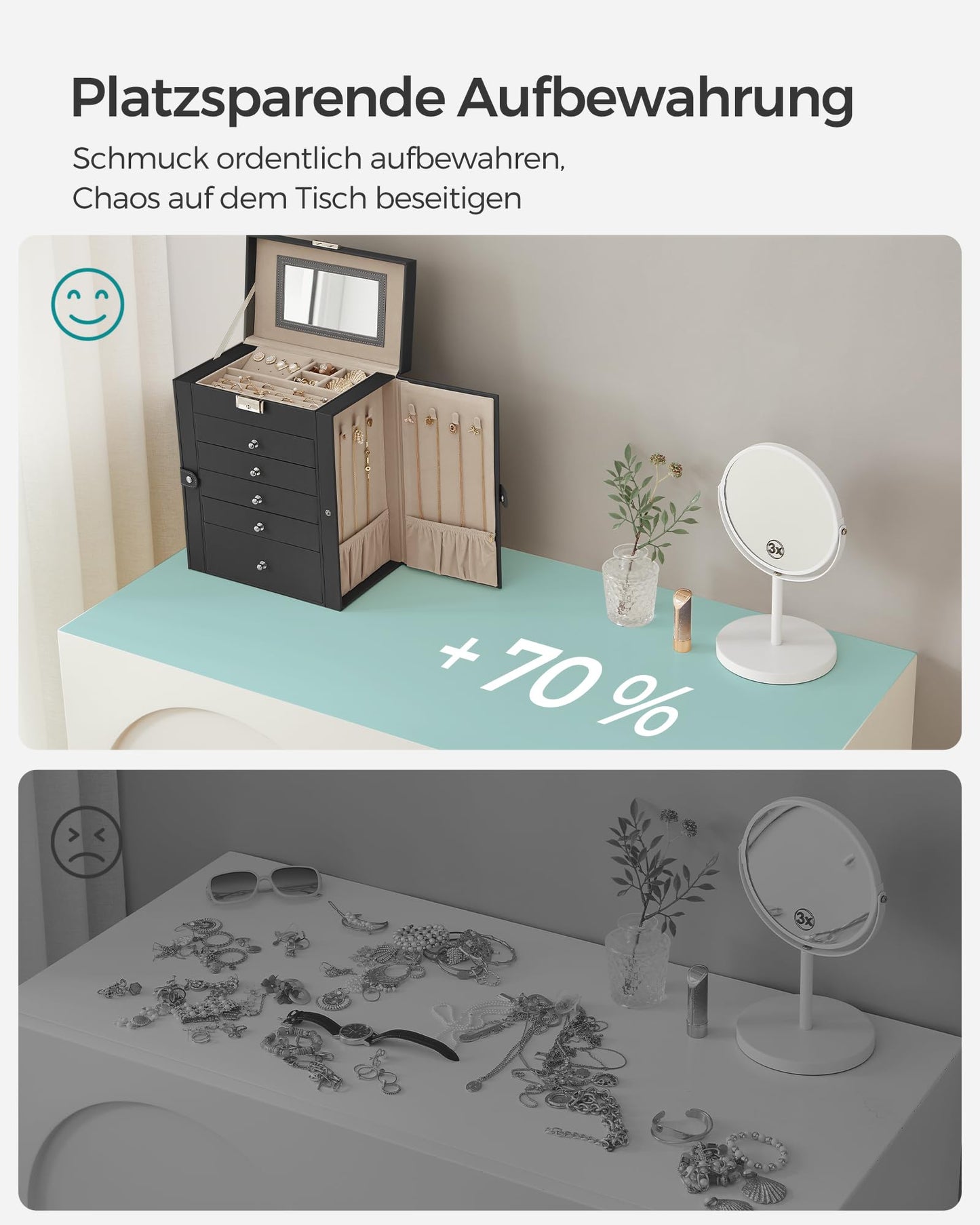 SONGMICS Jewelry Box 6-Tier, Jewelry Case with 5 Drawers, ample storage, interior mirror, lockable, jewelry storage, gift for your loved ones, for watches, black JBC152B01