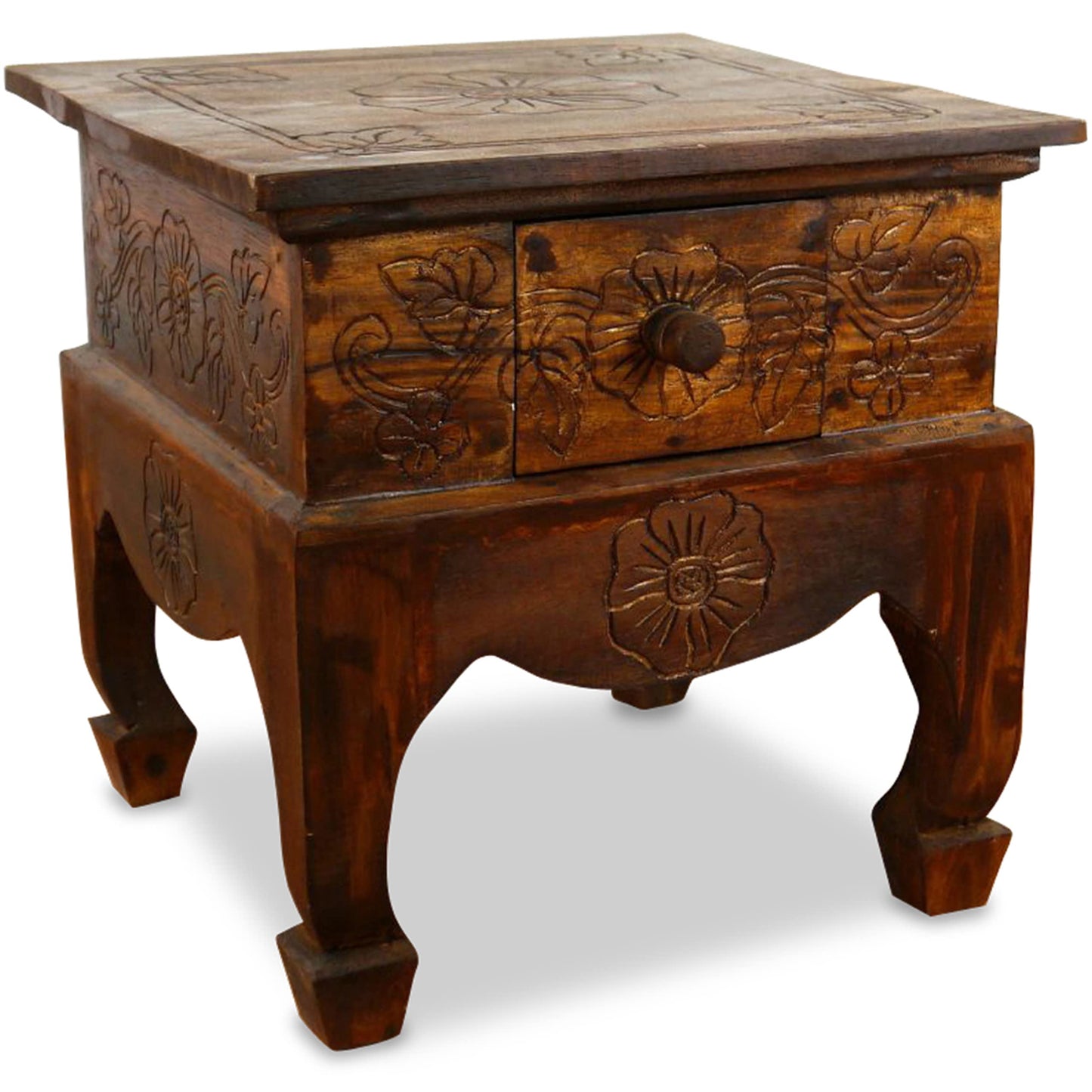 livasia Opium table with drawer - 40x40x40cm - Hand-carved wooden side table from Bali, adds Asian charm as a wooden table to your home (Brown)