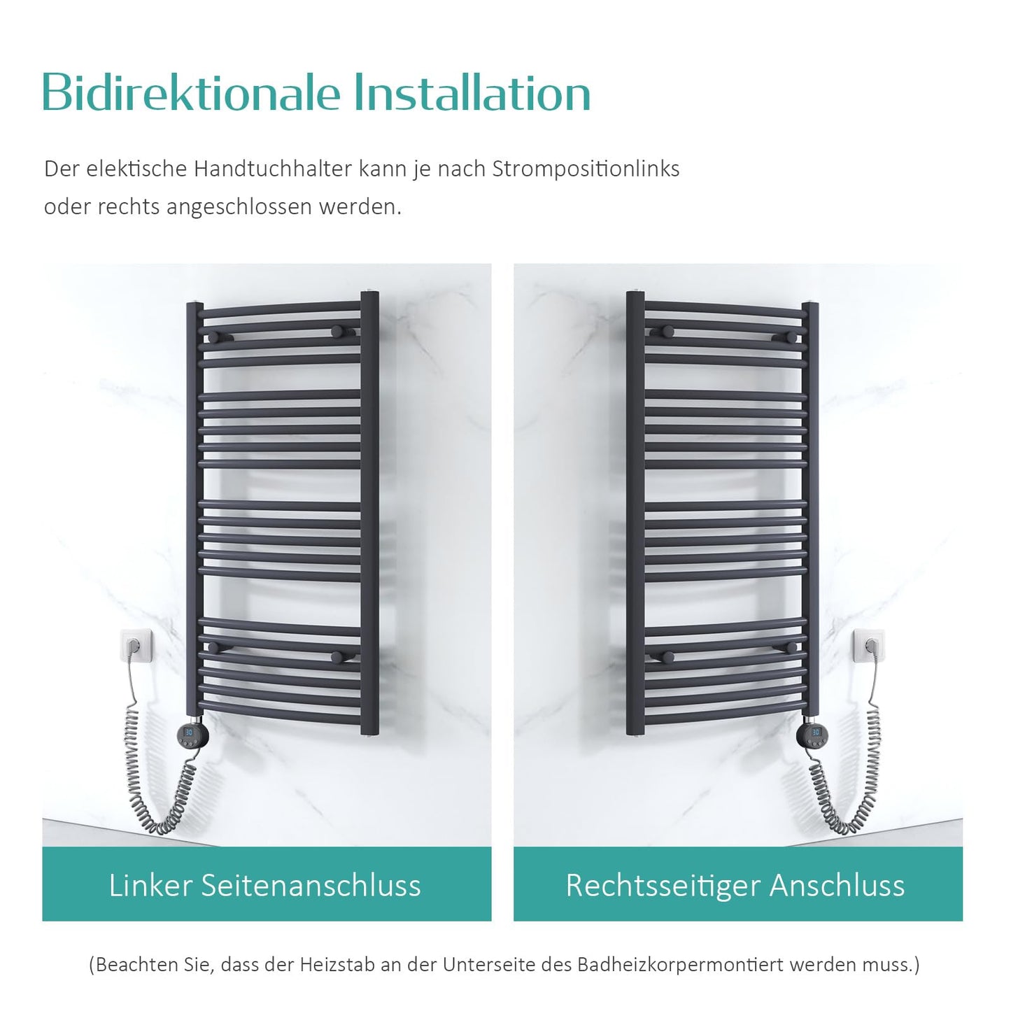 EMKE Electric Towel Warmer 120x60 cm, Curved Electric Bath Heater with Thermostat, Towel Dryer Towel Warmer with Timer Anthracite 600 Watt