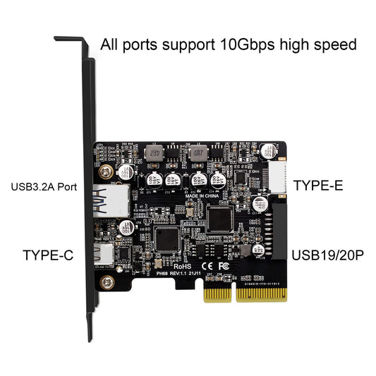 ASHATA PCI Express to USB 3.2 GEN 2 Front Type C Expansion Card, 10Gbps Speed USB C Ports PCIE USB 3.2 GEN 2 Expansion Card for Desktop Computer