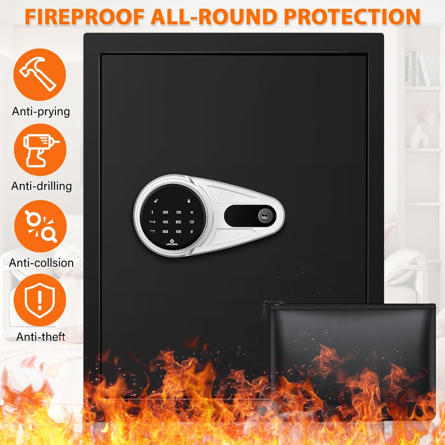 57L Large Touch Screen Safe, Fireproof Waterproof, with Combination Lock and Silent Mode, for Cash Valuables Documents
