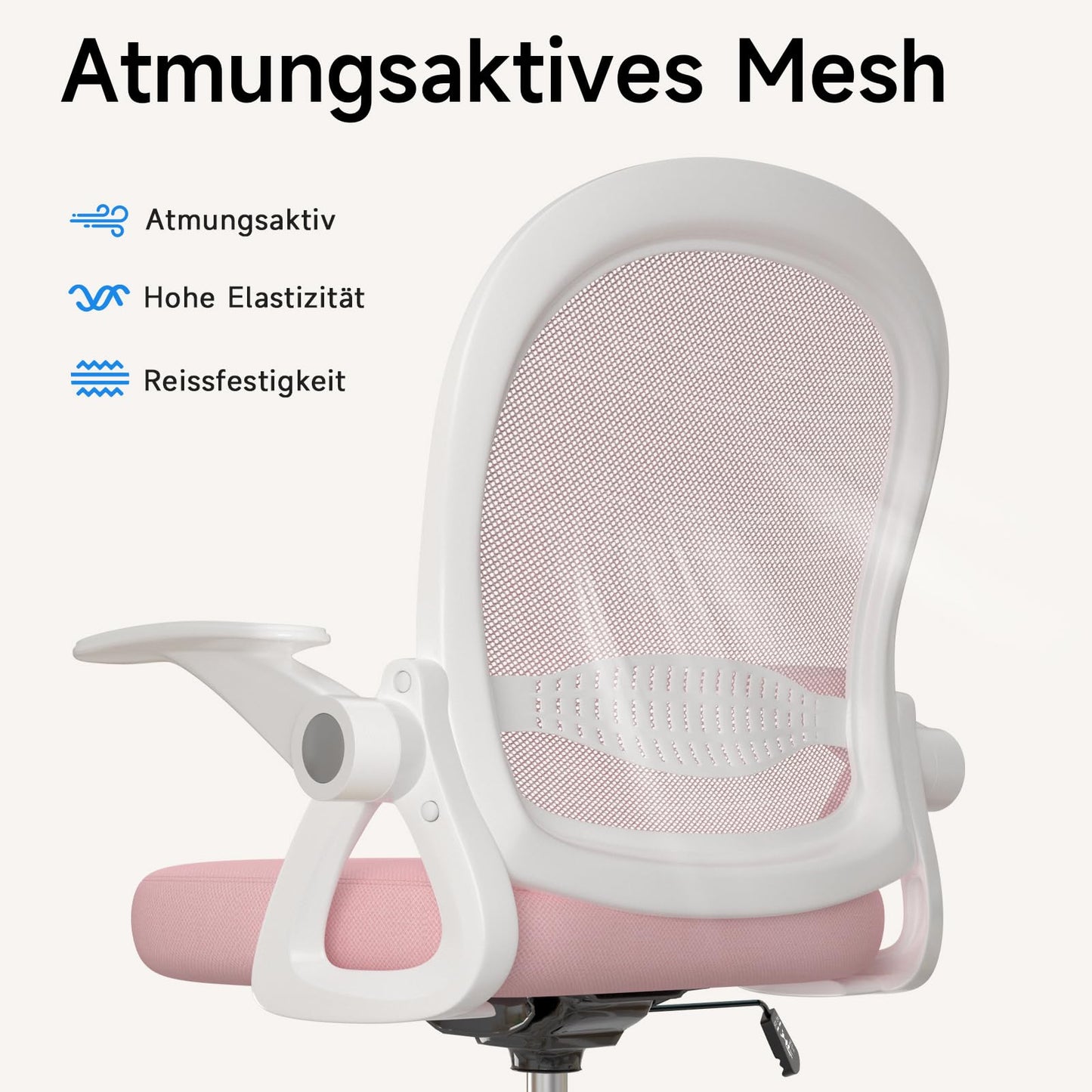 Naspaluro office chair with footrest ring, ergonomic desk chair with breathable mesh, foldable armrests, height adjustable, computer chair, lightweight, 360° swivel chair Pink.