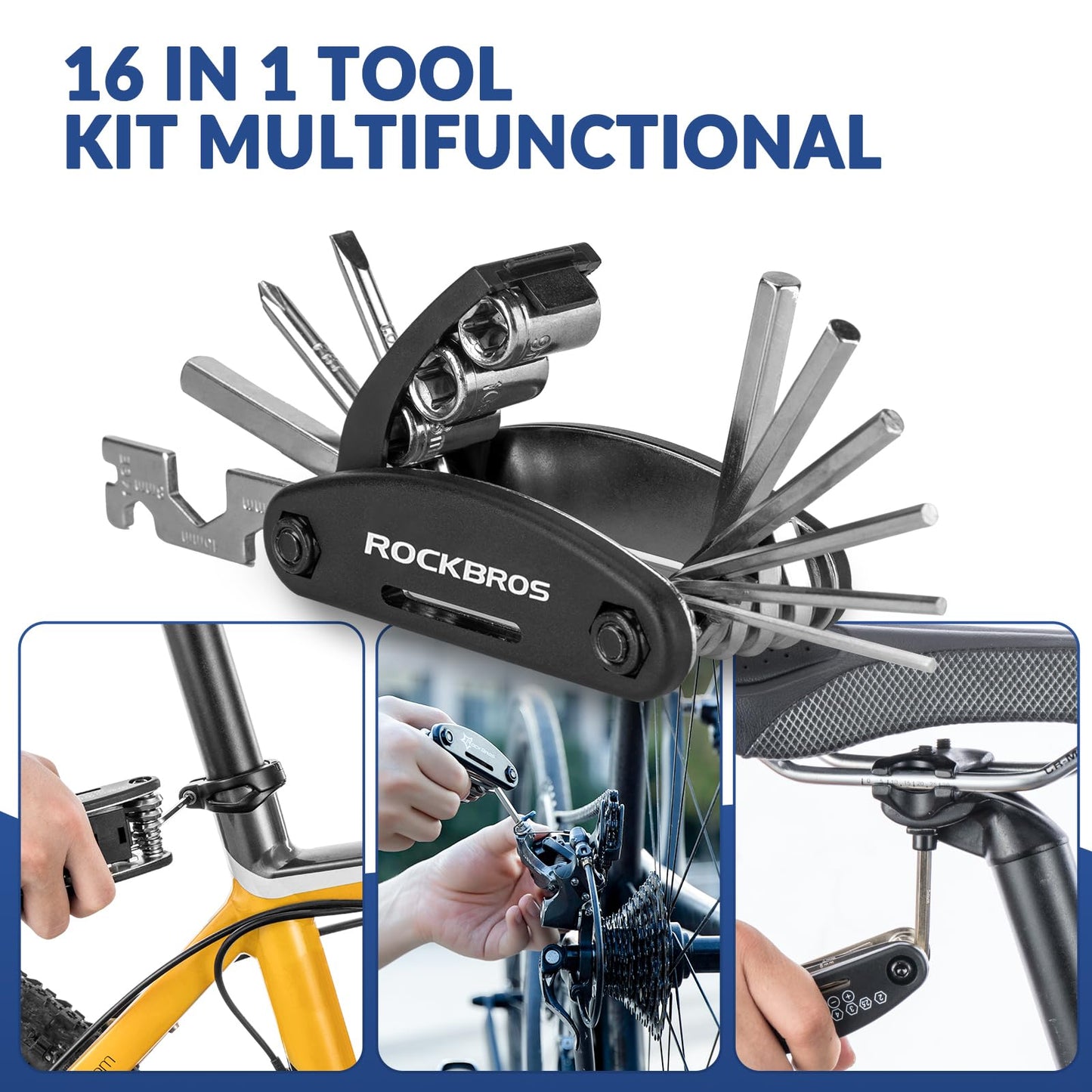 ROCKBROS bike saddle bag + 16 in 1 multifunction tool bicycle bag bike seat pack for mountain bikes, road bikes, and e-bikes 15 * 6.5 * 5CM