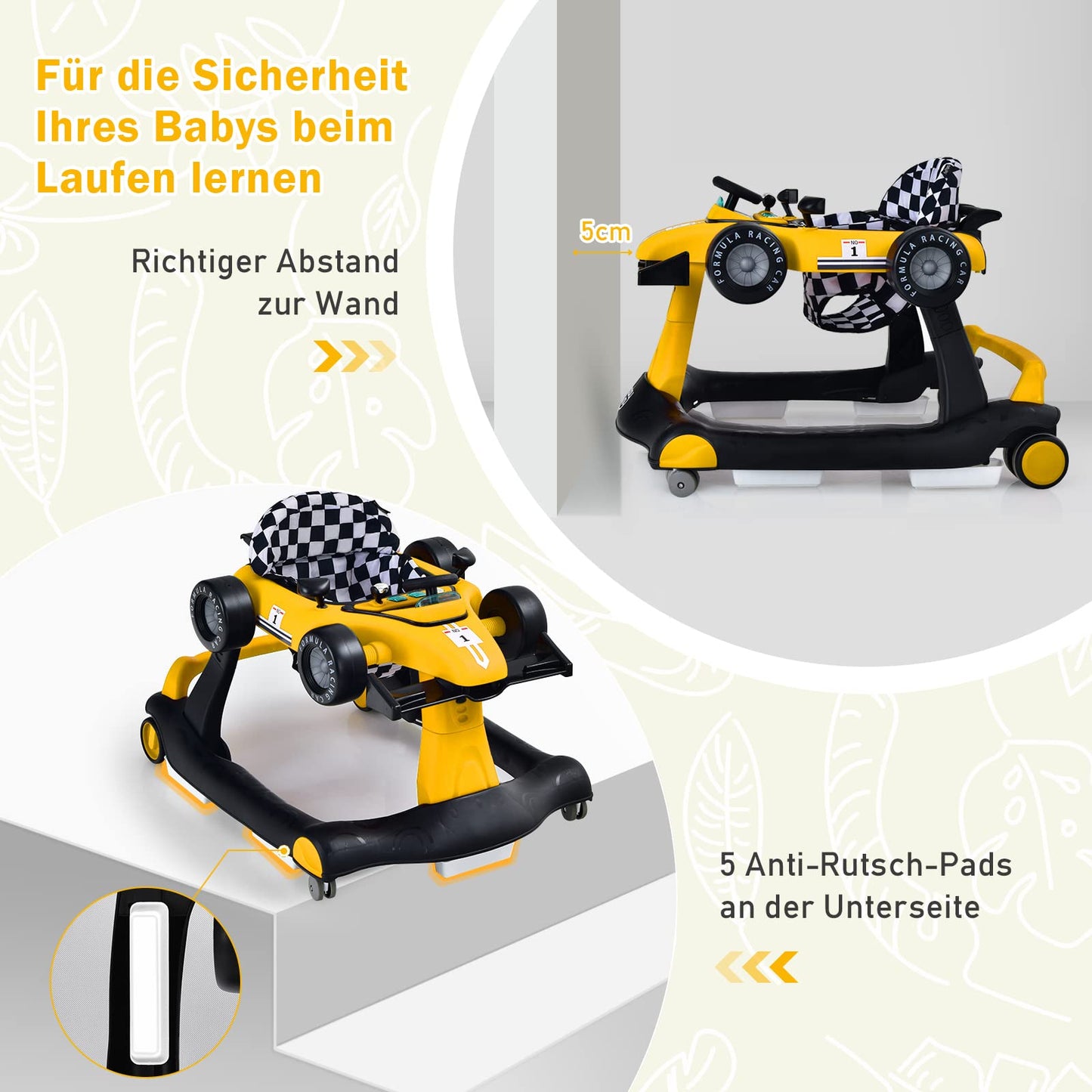 COSTWAY 4 in 1 baby walker, foldable with adjustable height & speed, car-shaped design with music box, lights & wheels, suitable for babies from 6 months, can hold up to 12kg weight (yellow)