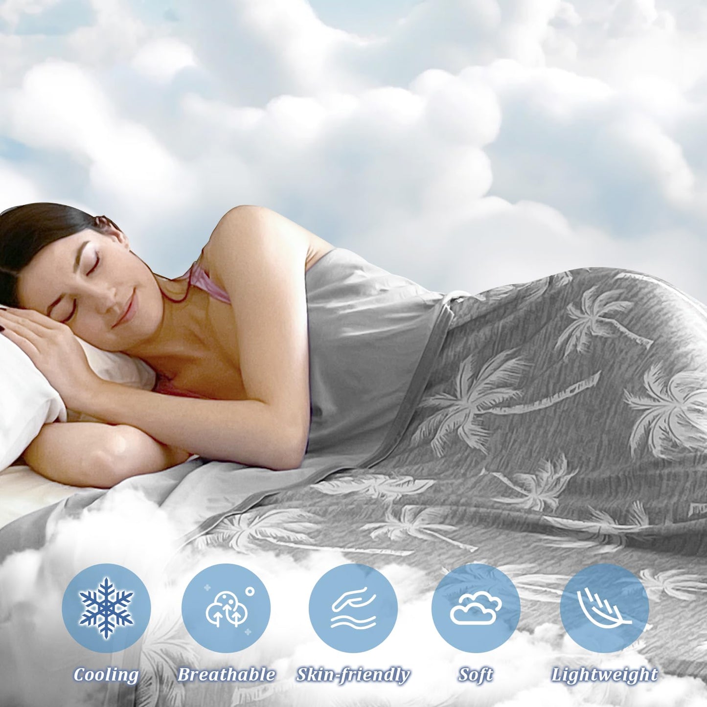 VK·LIVING Cooling Blanket for Bed & Heat-Stricken - Double-Sided Cooling Blanket with Q-Max 0.42 and Tropical Pattern, Lightweight Breathable Summer Blanket against Night Sweats for Sofa, Travel, 130x150cm Gray