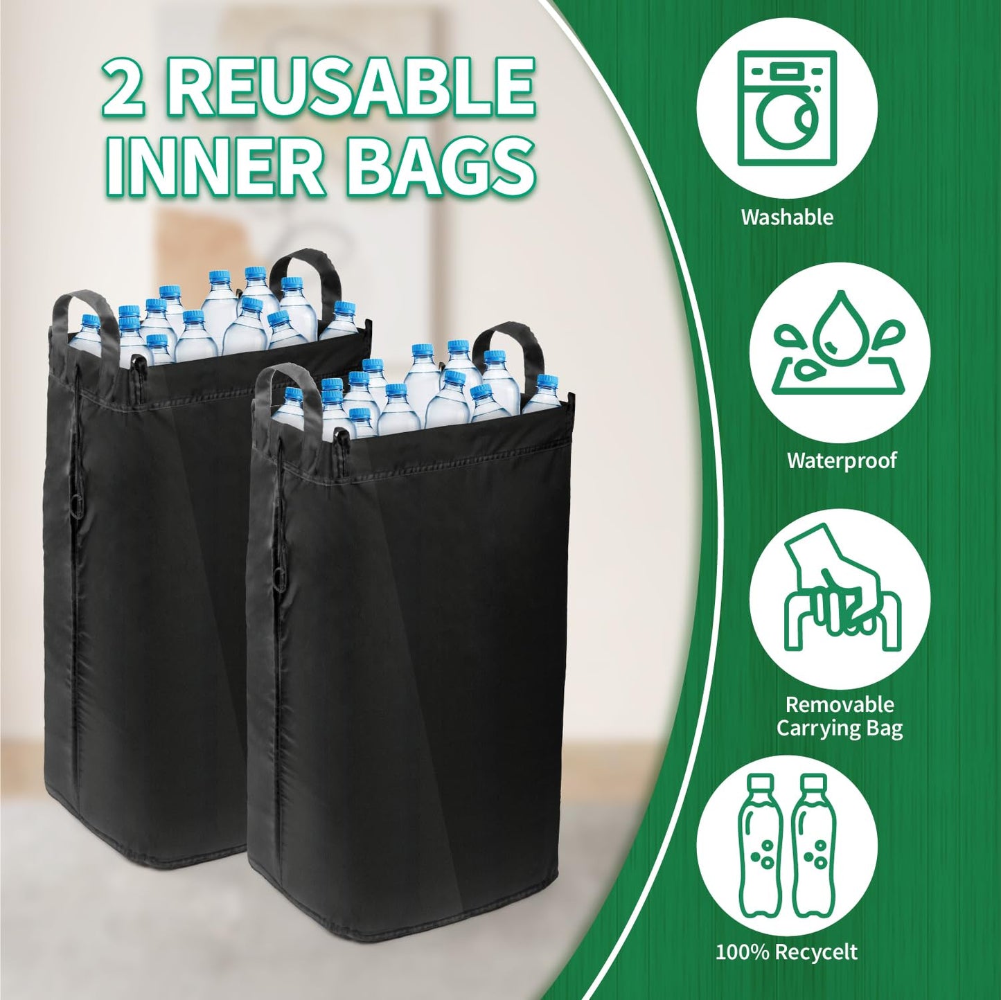 MOWETOO 110L deposit bottle collection container with lid & 2 detachable carrying bags, large deposit bottle storage, container for empty bottles & used glass storage, kitchen pantry bottle bag.