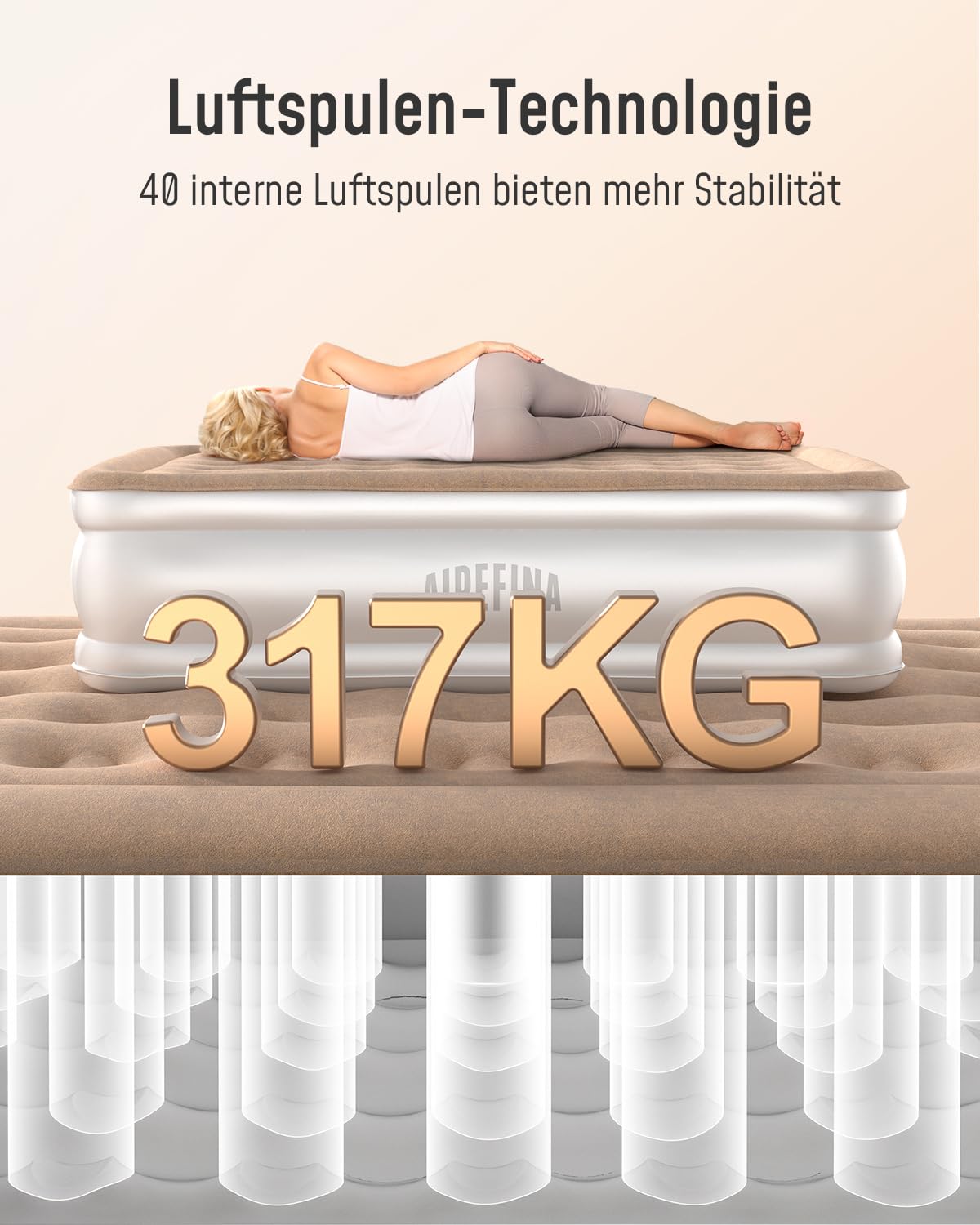 Airefina self-inflating air mattress with integrated pump, premium guest bed, fast inflation in 3 minutes, inflatable mattress for camping home use - 203 x 152 x 40 cm.
