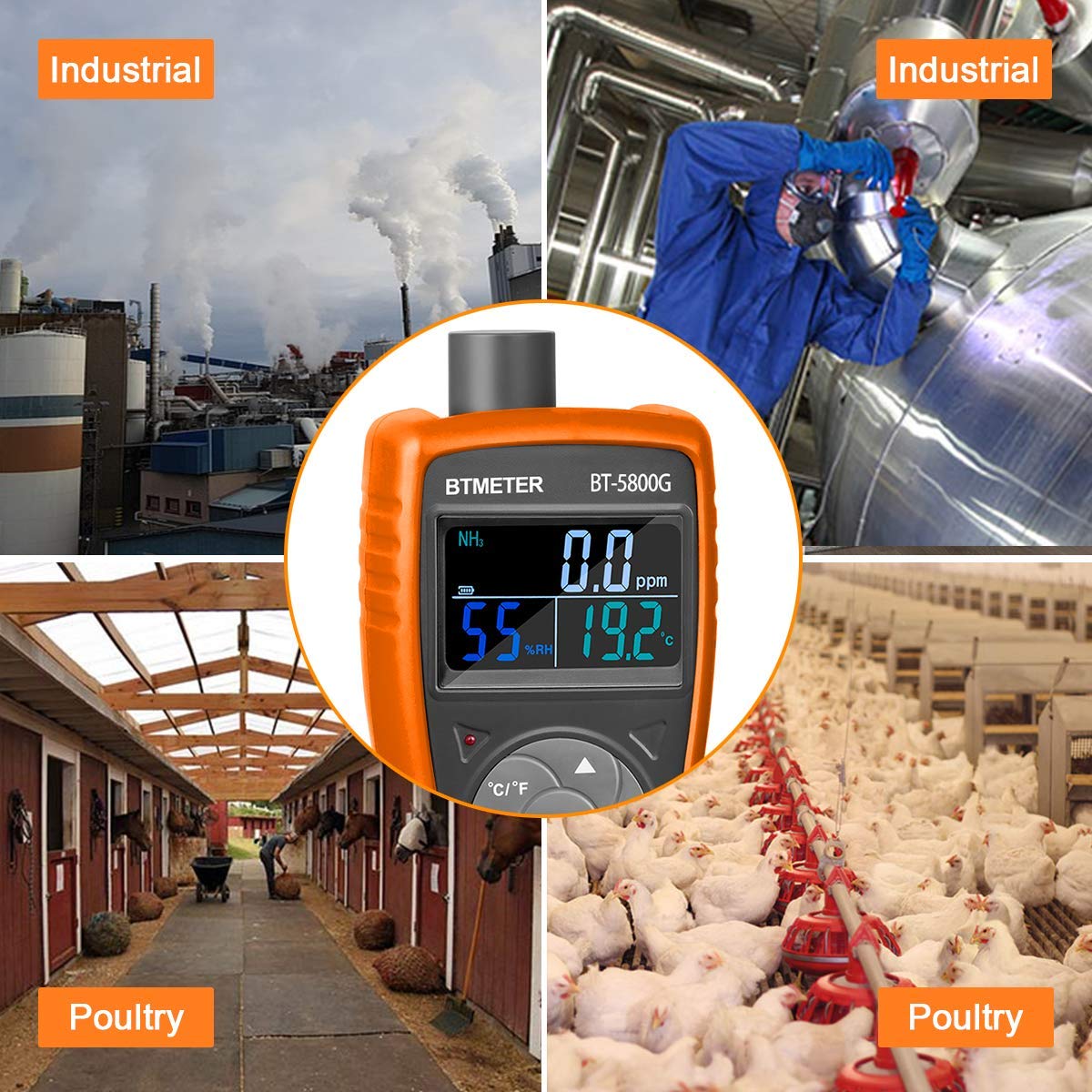 BTMETER BT-5800G Ammonia Gas Detector Sensor tests for 0~100PPM Nh3. Monitor includes temperature, humidity tester.